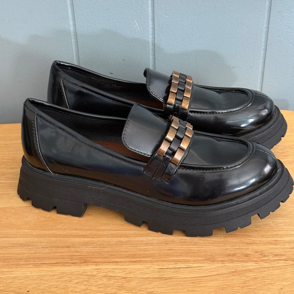 Arula Syreena Womens 11W Wide Width Black Chain Loafers Lug Sole Platform Preppy
